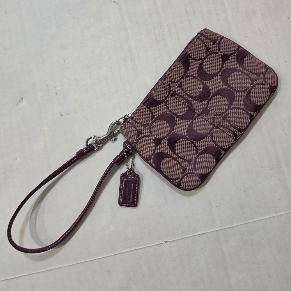 Coach Signature Monogram Canvas Wristlet Purple Tan Small Zipper Bag